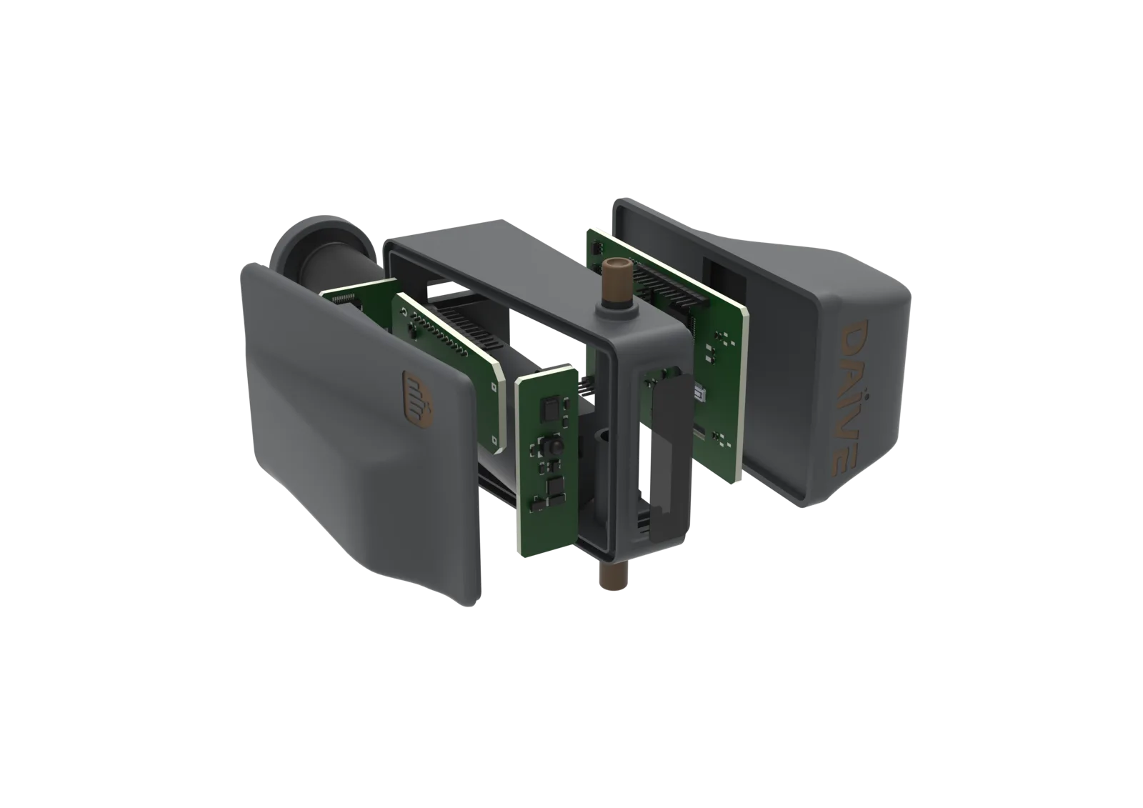 Exploded view of the DAÏVE HUD housing and internal assembly